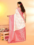 Joban Fashion White & Rani Pink Plain With Weaving Border Banarasi Silk Sarees | Grocsy