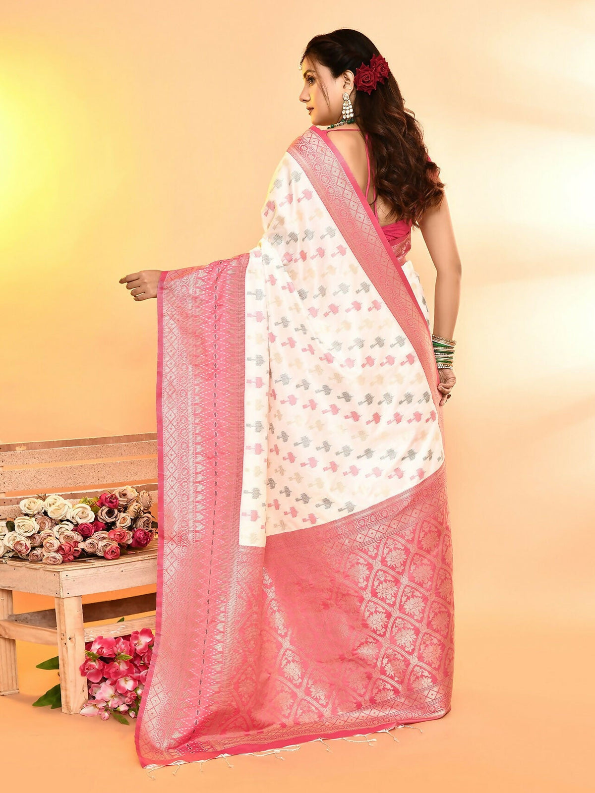 Joban Fashion White & Rani Pink Plain With Weaving Border Banarasi Silk Sarees | Grocsy