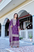 Teeya Creation Wine Color Chinon Silk Heavy Embroidery Work Wedding Wear Sharara | Grocsy