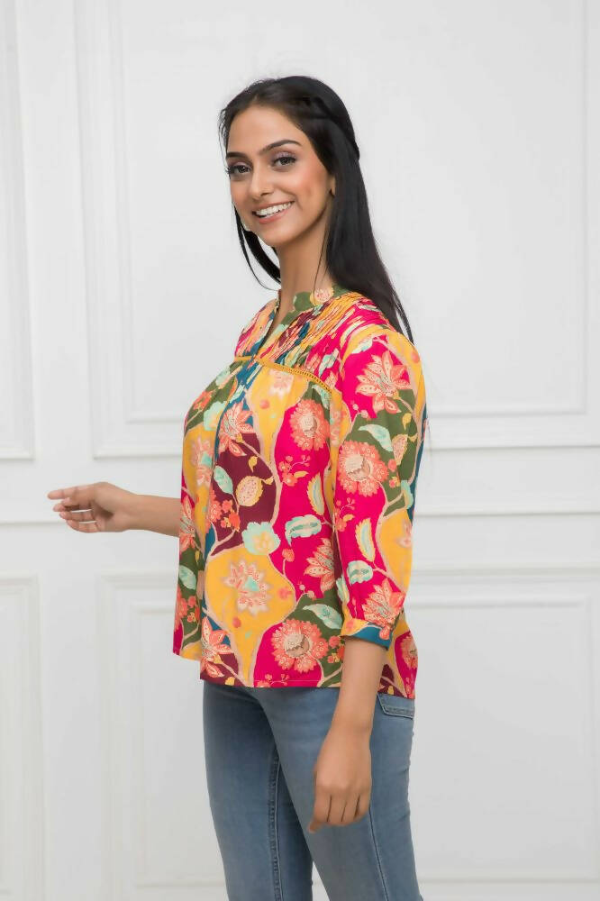 Myshka Women Multi Floral Mandarin Collar Regular Sleeves Viscose Rayon Top | Grocsy