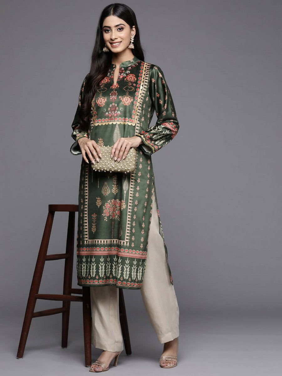 Ahalyaa Women Green & Pink Ethnic Motifs Printed Gotta Patti Velvet Kurta | Grocsy