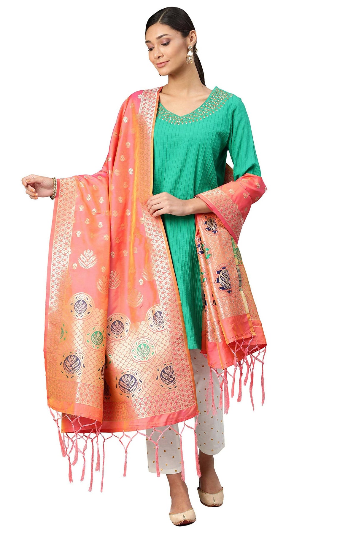 Mimosa Coral Peach & Gold-Toned Woven Design Dupatta | Grocsy