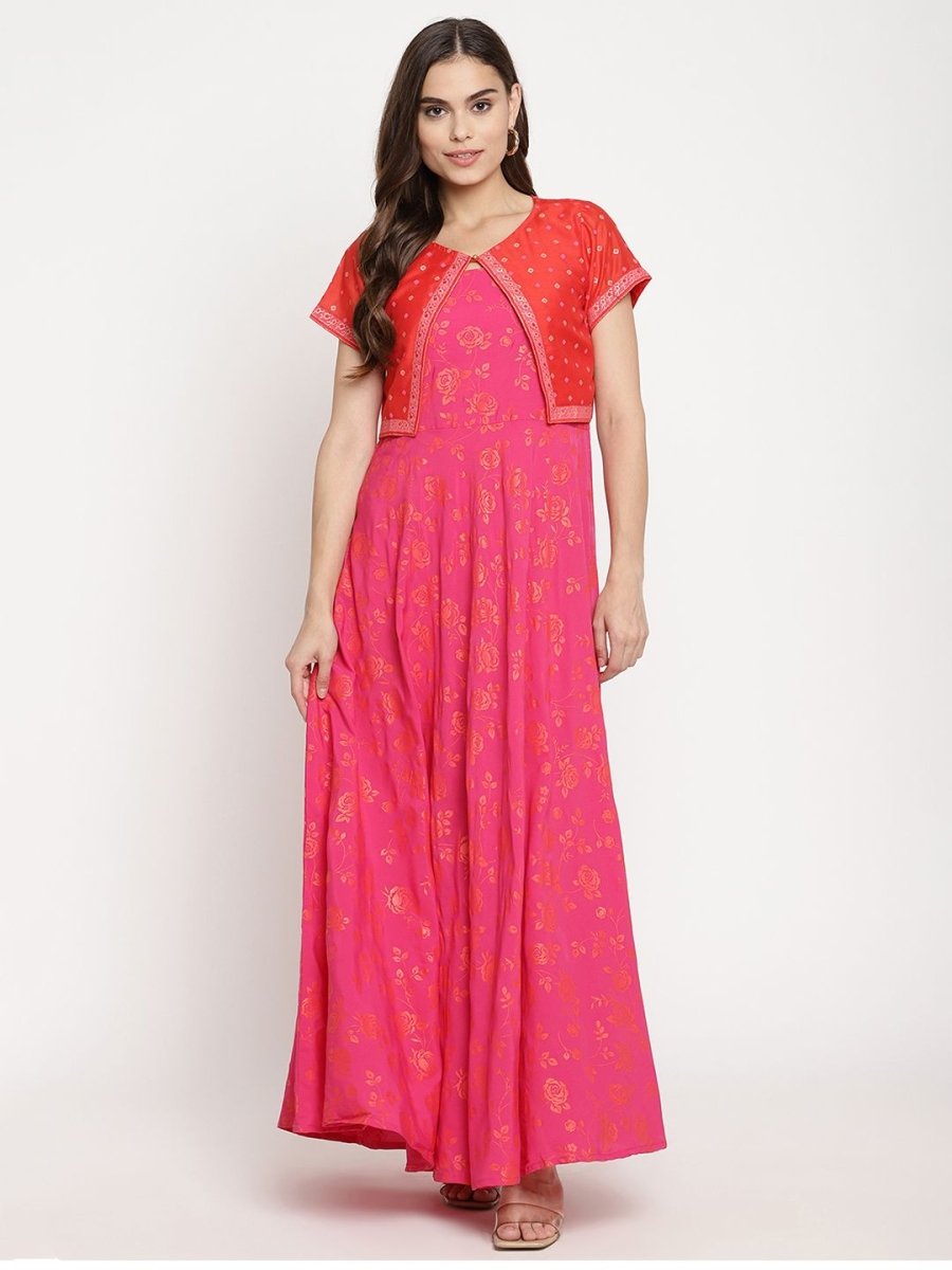 Ahalyaa Pink Crepe Orange khari Print Kurta with Jacket | Grocsy