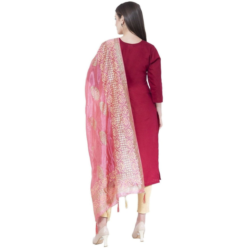 A R Silk Women's Gold Print Silk Light Pink Dupattas and Chunnis | Grocsy