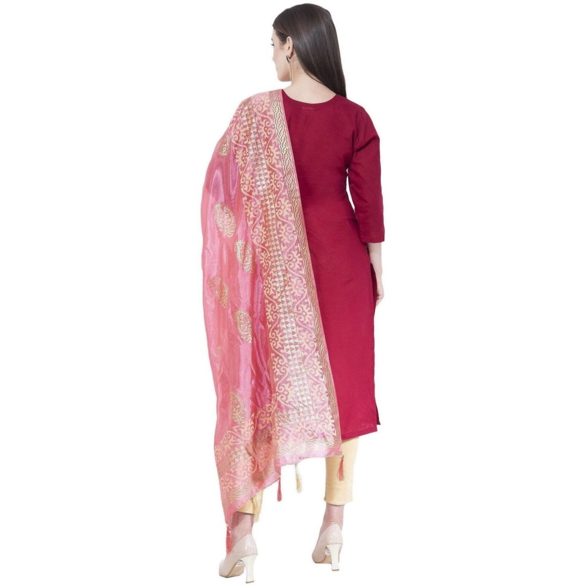 A R Silk Women's Gold Print Silk Light Pink Dupattas and Chunnis | Grocsy