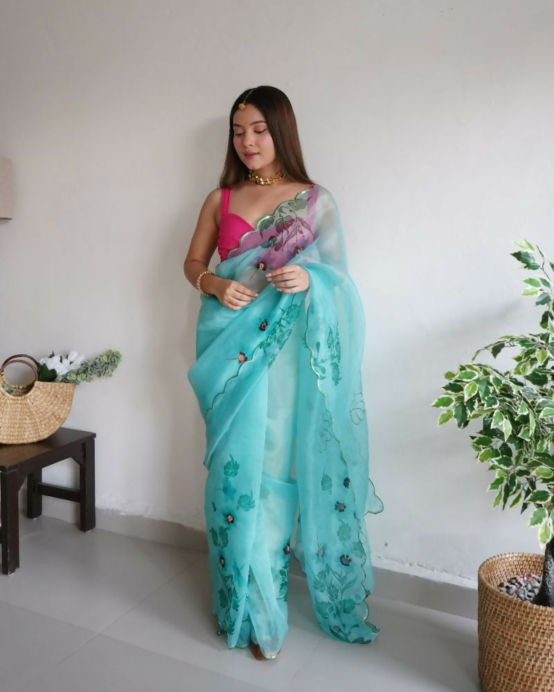 Vamsee Mudra Green Organza Saree | Grocsy