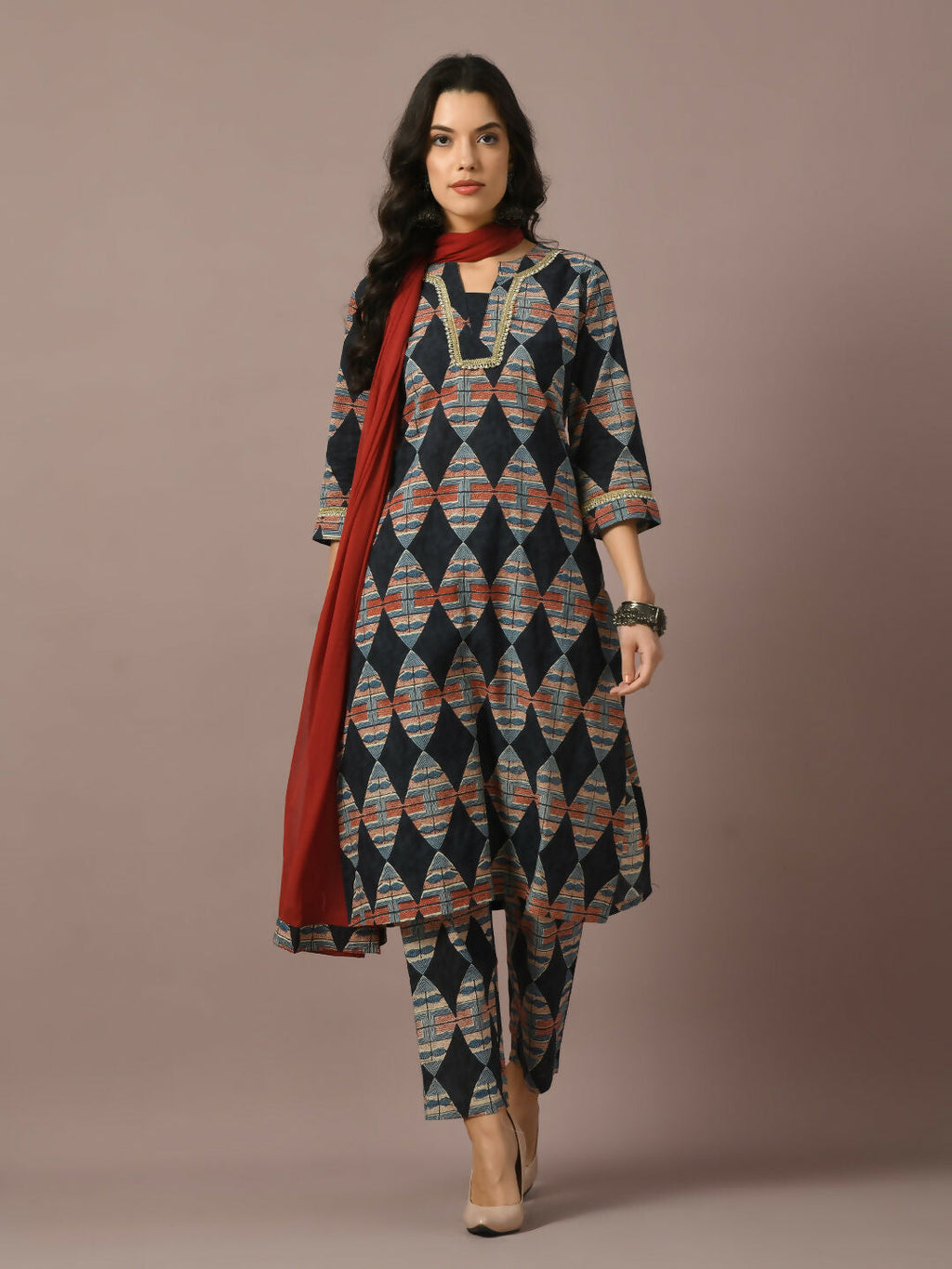 Myshka Women's Multi Printed Cotton Straight Party Kurta Set With Dupatta | Grocsy