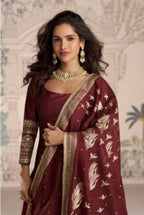 Anaita Maroon Vichitra Silk Anarkali Suit with Embroidery Sequins | Grocsy