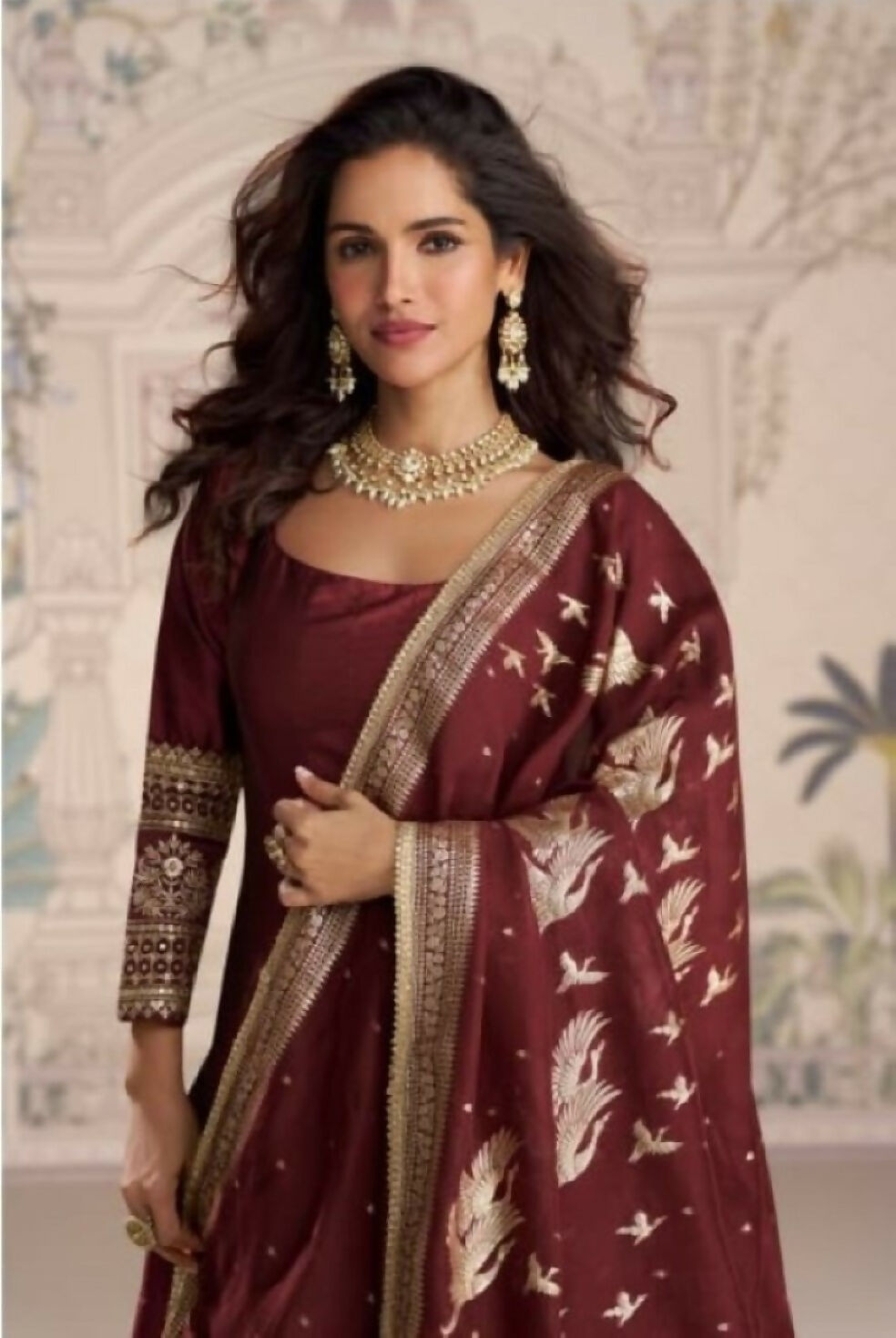 Anaita Maroon Vichitra Silk Anarkali Suit with Embroidery Sequins | Grocsy