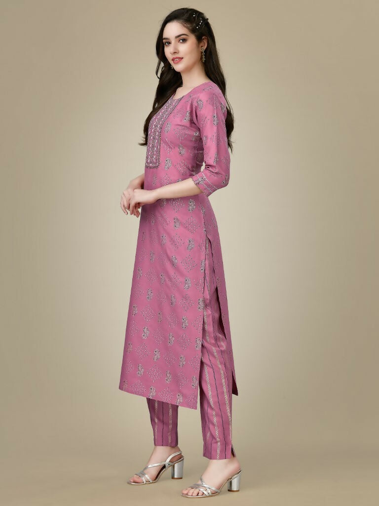 Jyoti Fashion Women's Purple Rayon Embroidered Kurta Pant Set | Grocsy