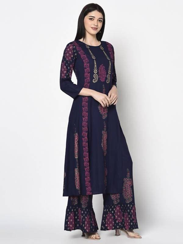 Aniyah Rayon Navy Blue Color Block Print A-line Flared Long Kurta With Two Front Slits (AN-215K) | Grocsy