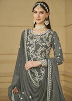 Stone Grey Embroidered Georgette Gharara Style Suit - Emponline | Grocsy