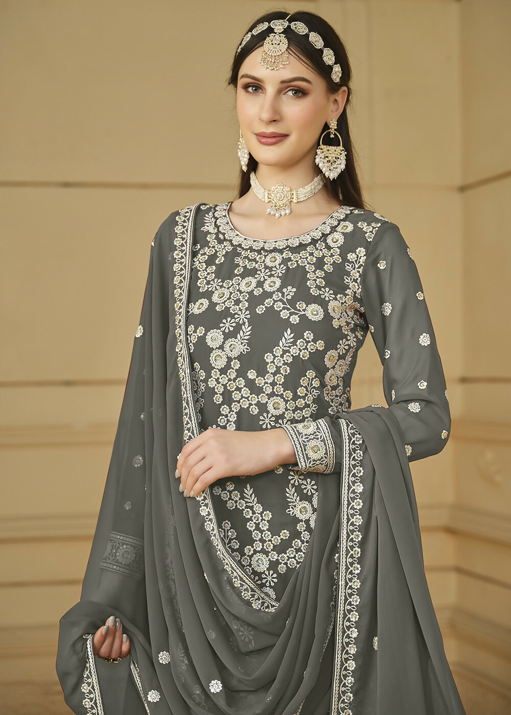 Stone Grey Embroidered Georgette Gharara Style Suit - Emponline | Grocsy