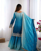The52 Women's Beautiful Chinon silk Fabric Embroidery Work Straight Kurta Palazzo and Dupatta Set | Grocsy