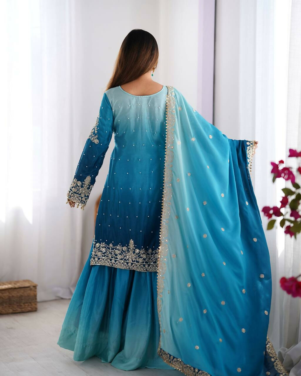 The52 Women's Beautiful Chinon silk Fabric Embroidery Work Straight Kurta Palazzo and Dupatta Set | Grocsy