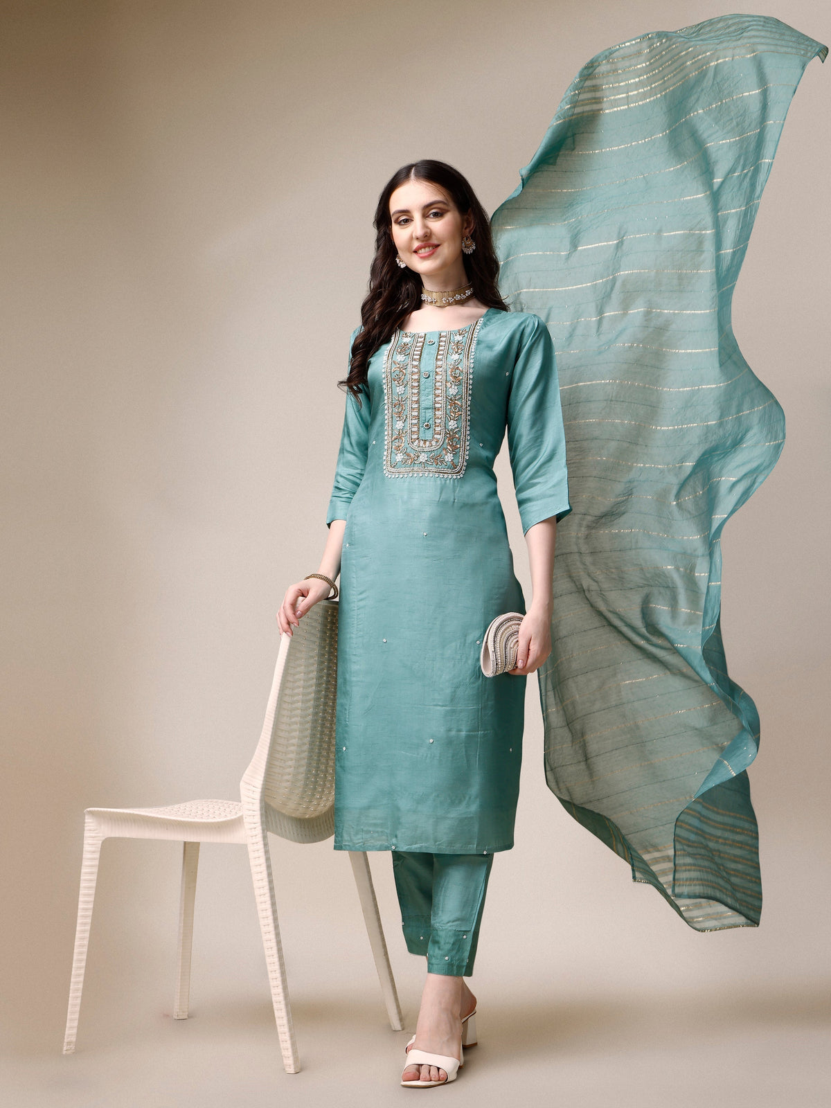 Embroidered Kurta With Pant & Dupatta Set, Multicolor - Hiral Fashion | Grocsy