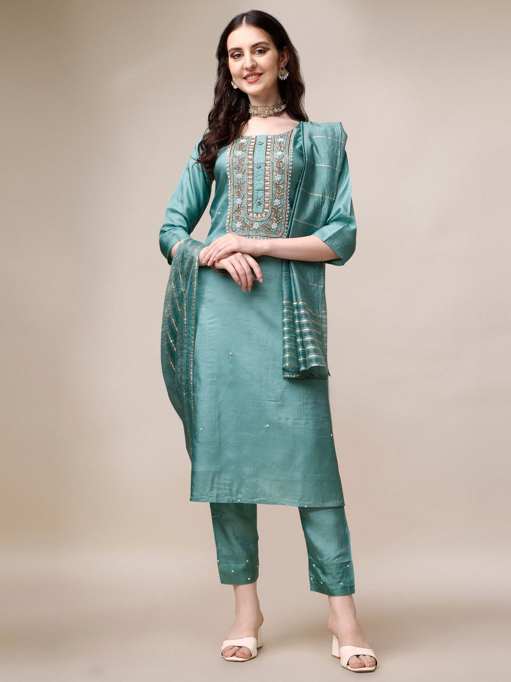 Embroidered Kurta With Pant & Dupatta Set, Multicolor - Hiral Fashion | Grocsy