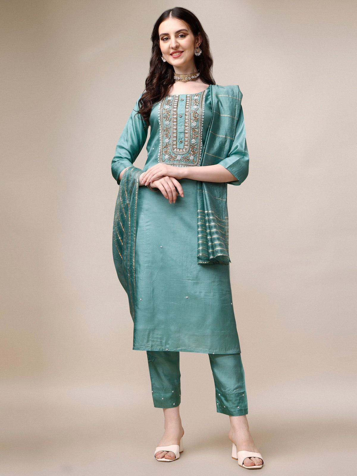 Embroidered Kurta With Pant & Dupatta Set, Multicolor - Hiral Fashion | Grocsy