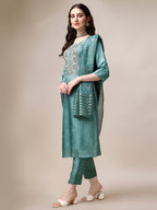 Embroidered Kurta With Pant & Dupatta Set, Multicolor - Hiral Fashion | Grocsy