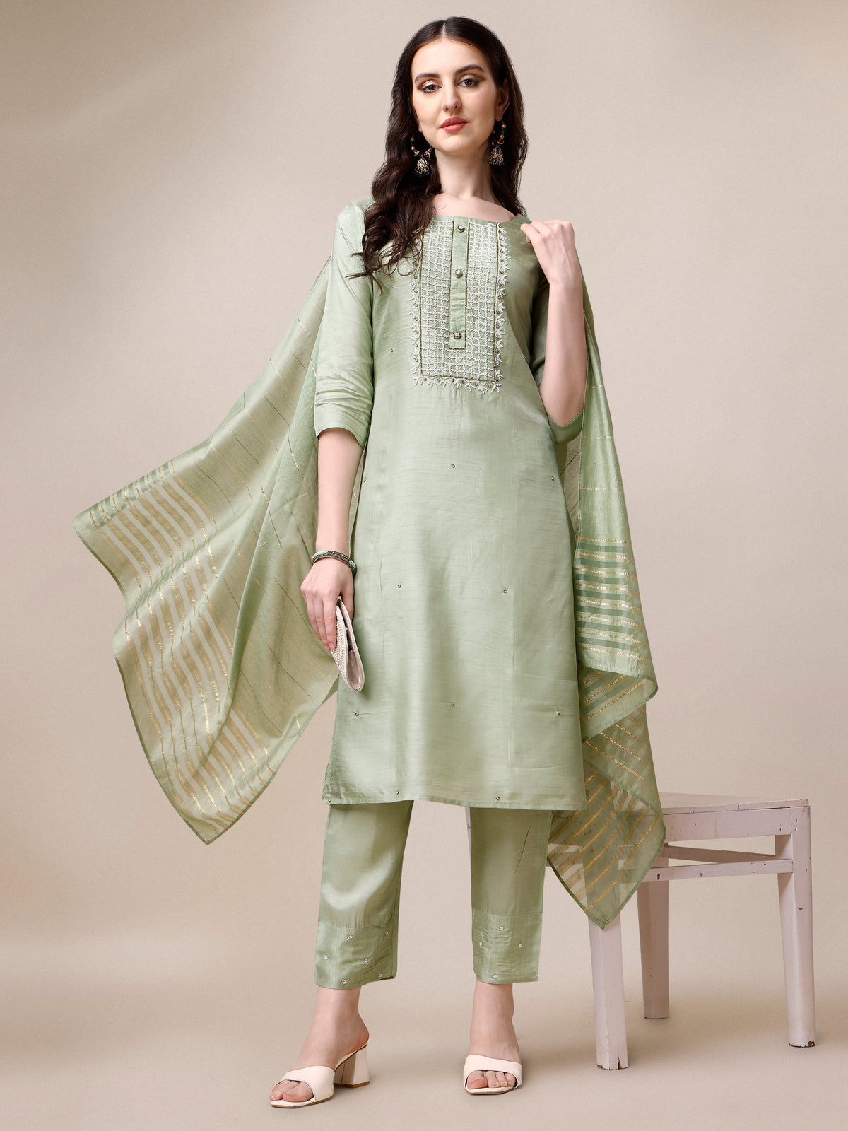 Embroidered Kurta With Pant & Dupatta Set, Multicolor - Hiral Fashion | Grocsy