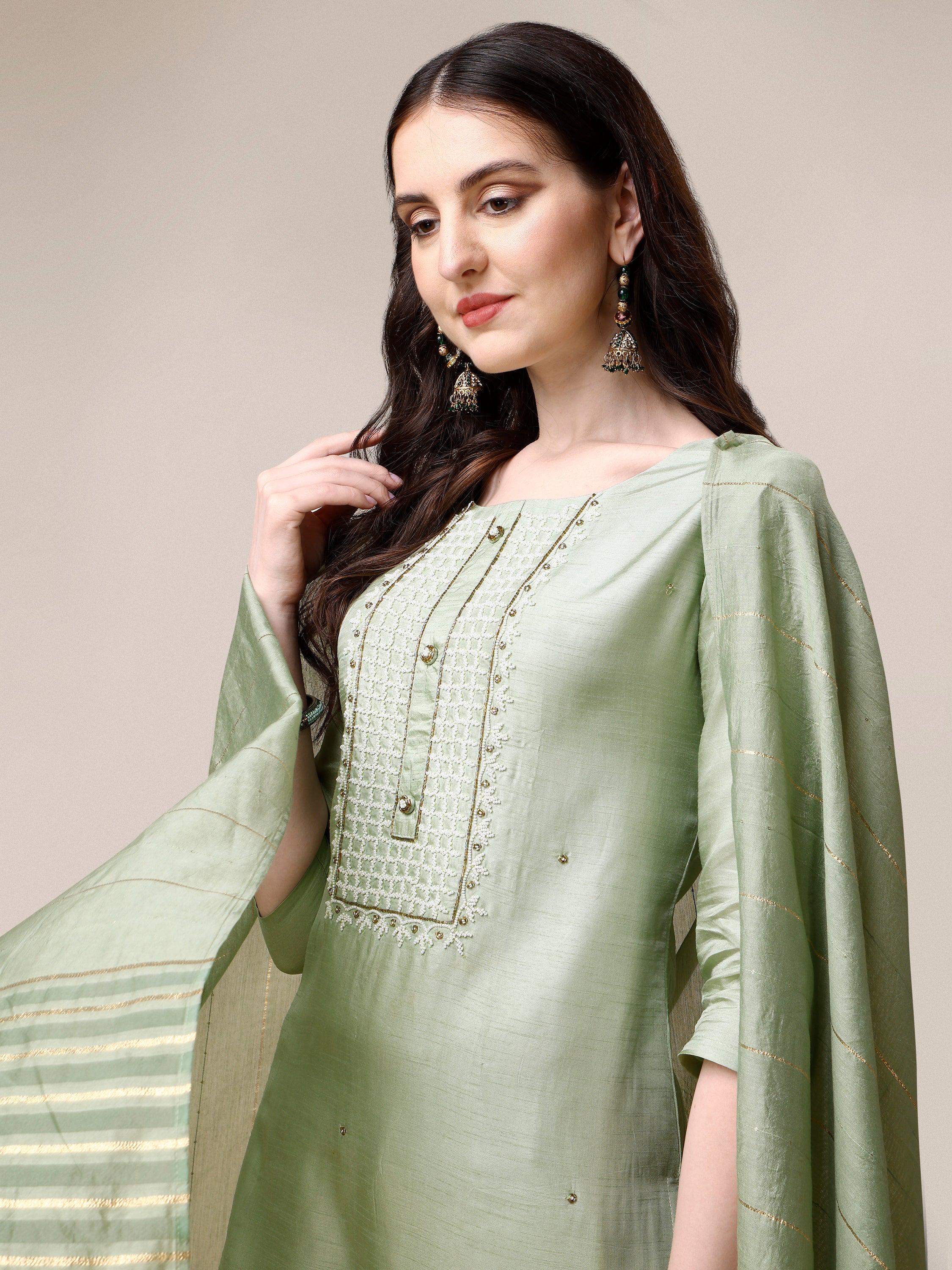 Embroidered Kurta With Pant & Dupatta Set, Multicolor - Hiral Fashion | Grocsy