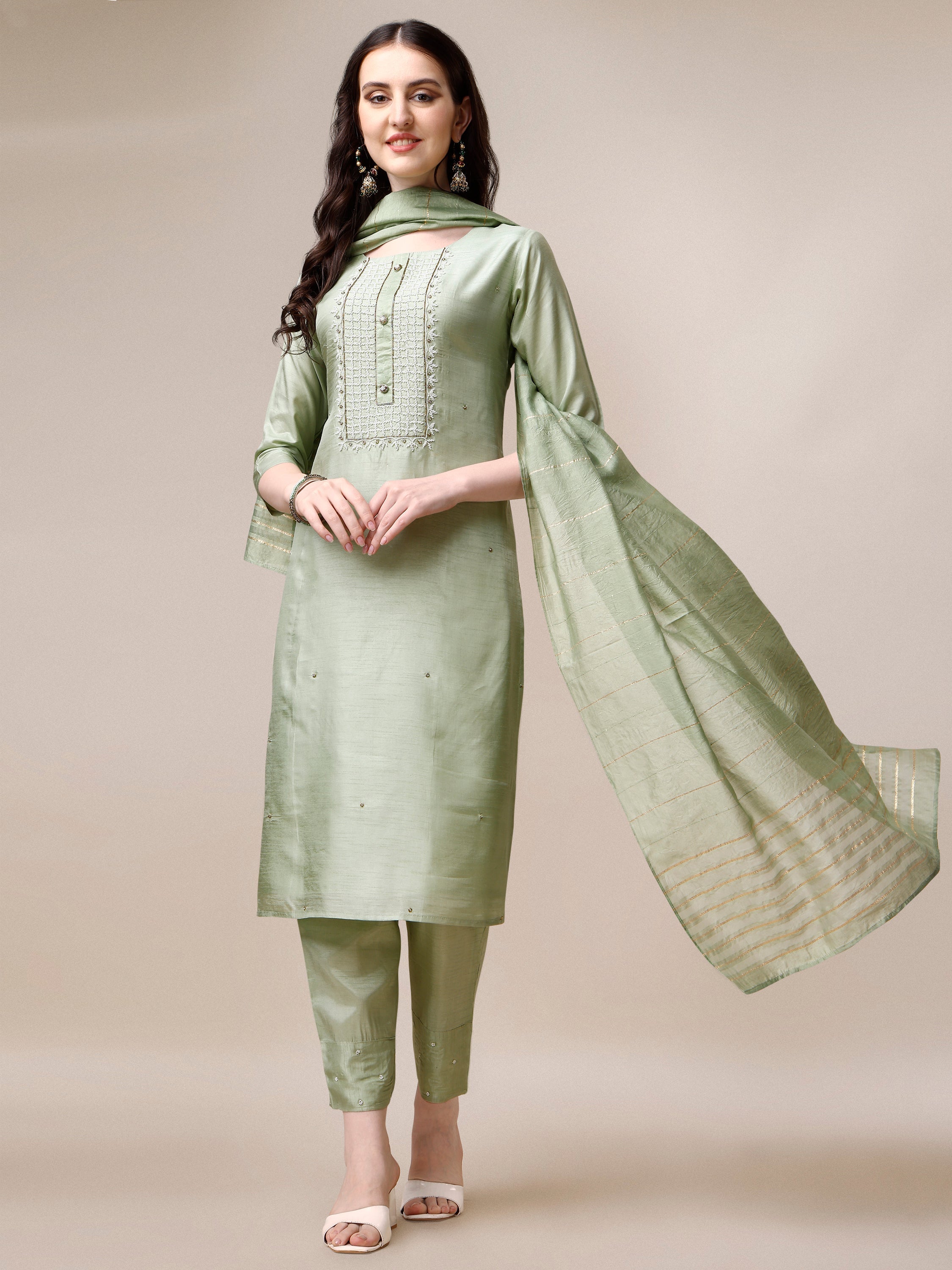 Embroidered Kurta With Pant & Dupatta Set, Multicolor - Hiral Fashion | Grocsy
