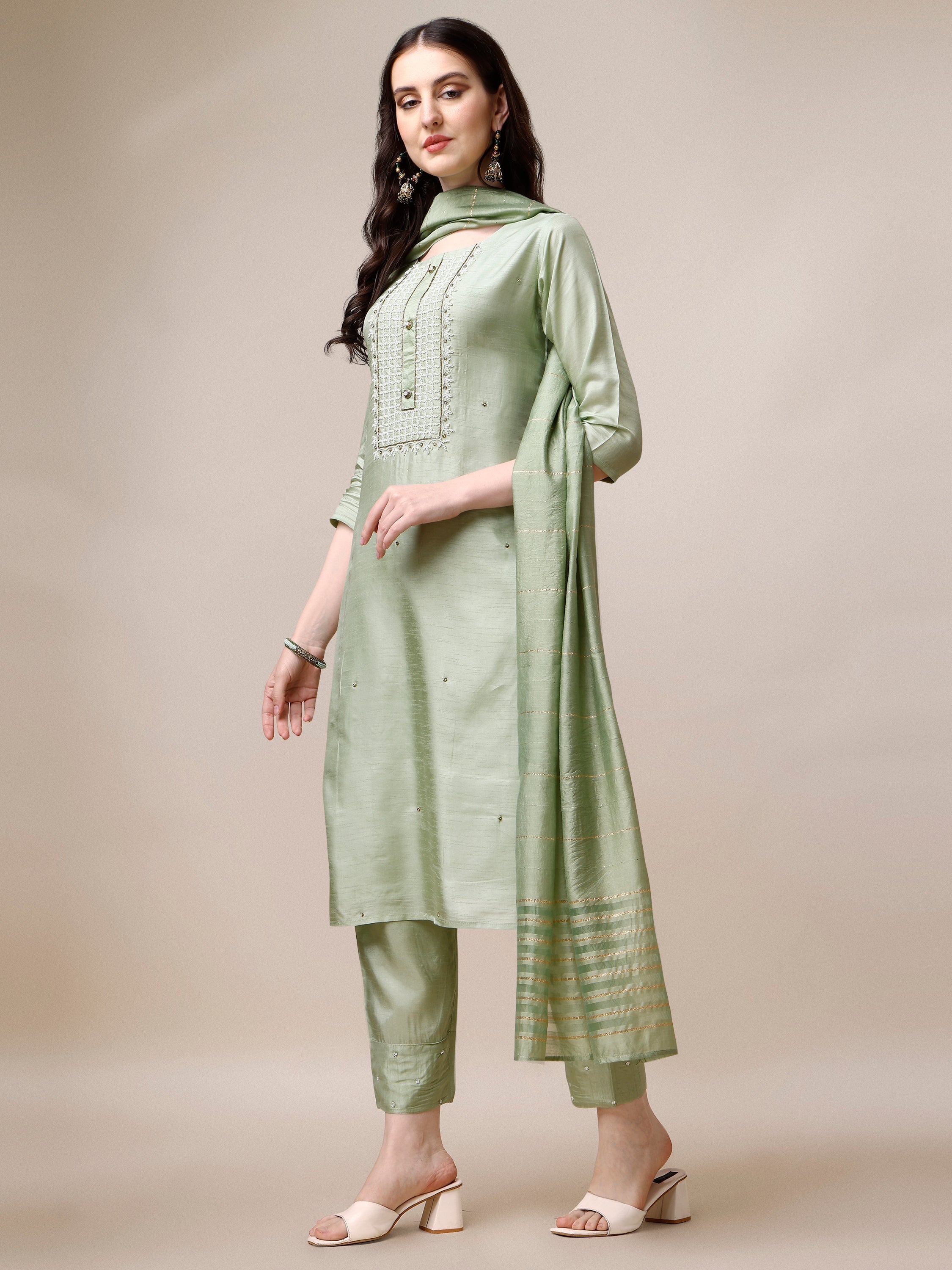 Embroidered Kurta With Pant & Dupatta Set, Multicolor - Hiral Fashion | Grocsy