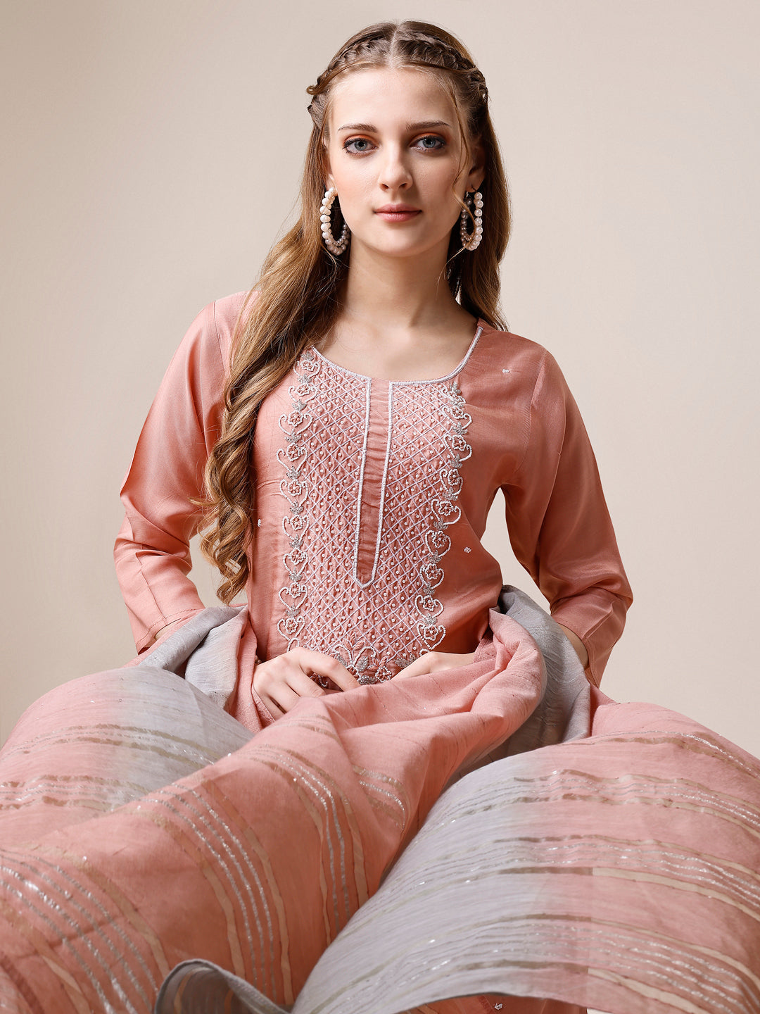 Embroidered Kurta With Pant And Dupatta Set, Multicolor - Hiral Fashion | Grocsy