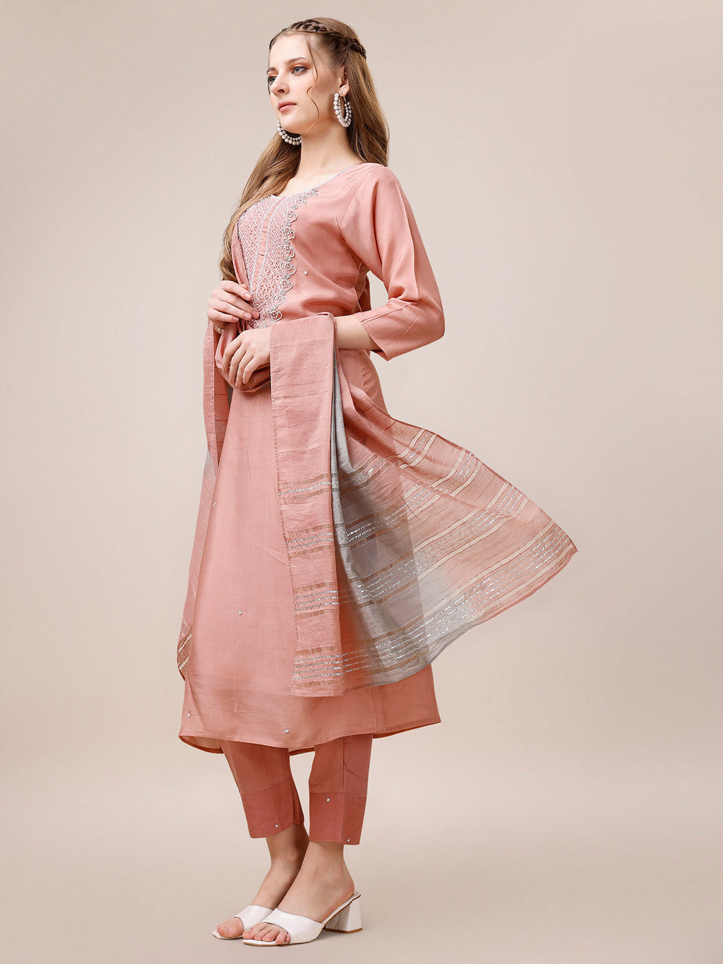 Embroidered Kurta With Pant And Dupatta Set, Multicolor - Hiral Fashion | Grocsy