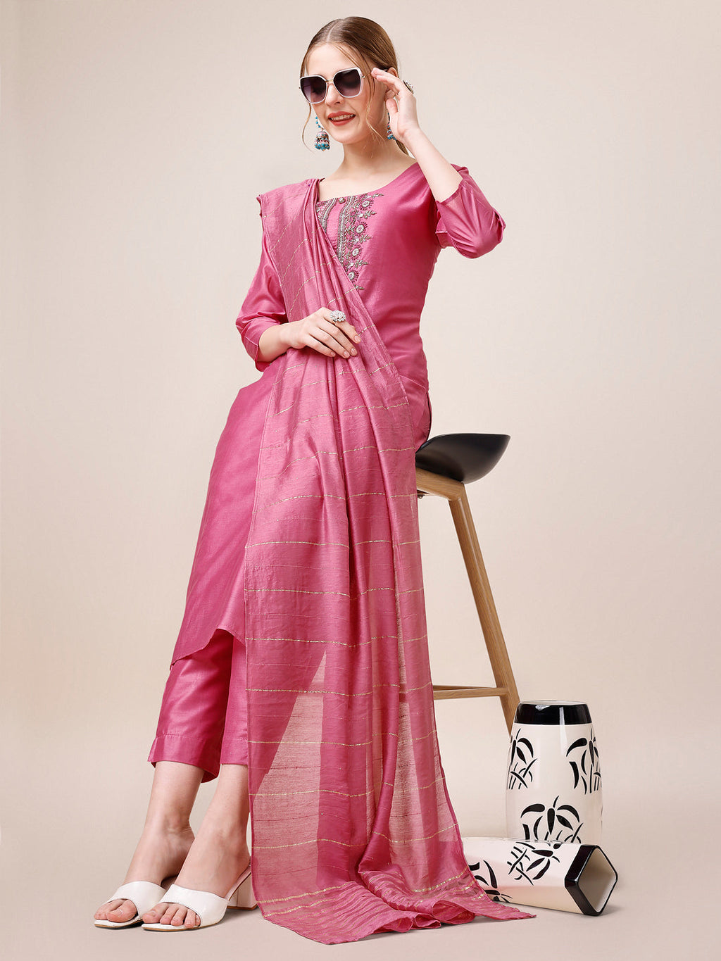 Embroidered Kurta With Pant And Dupatta Set, Multicolor - Hiral Fashion | Grocsy