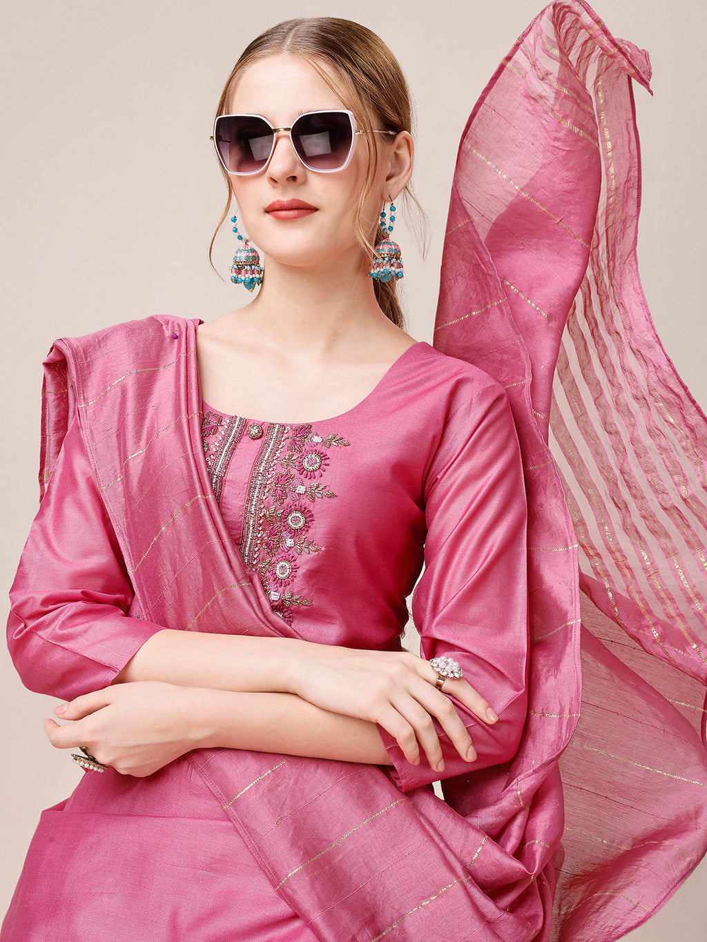 Embroidered Kurta With Pant And Dupatta Set, Multicolor - Hiral Fashion | Grocsy