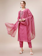 Embroidered Kurta With Pant And Dupatta Set, Multicolor - Hiral Fashion | Grocsy