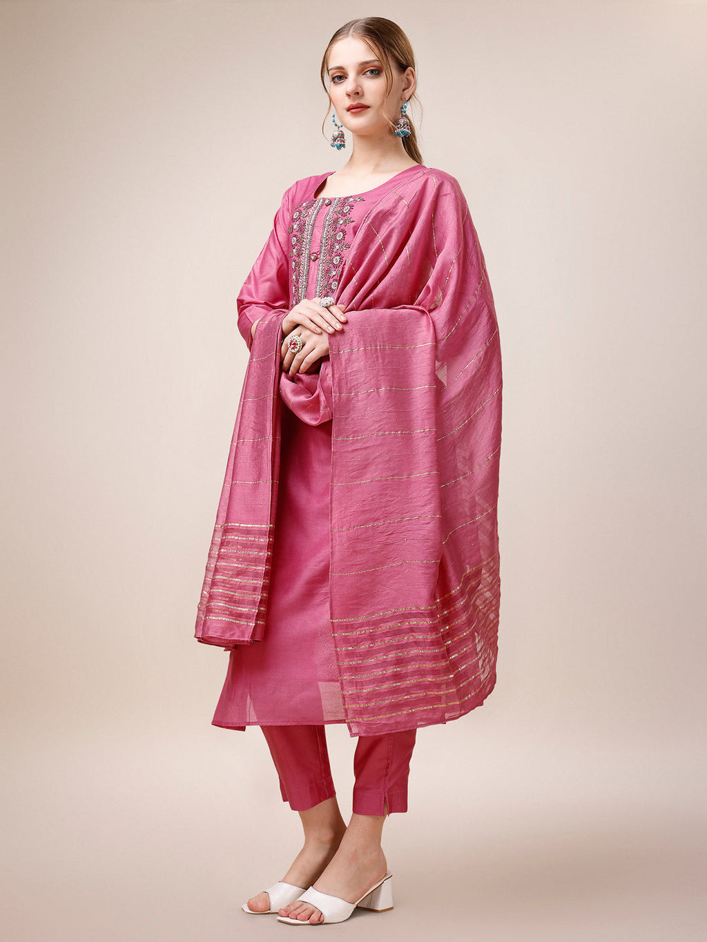 Embroidered Kurta With Pant And Dupatta Set, Multicolor - Hiral Fashion | Grocsy