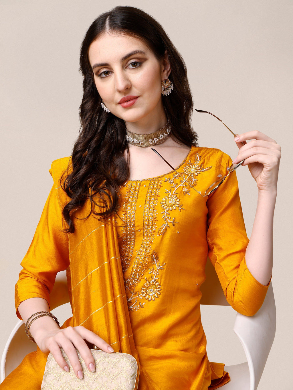 Embroidered Kurta With Pant & Dupatta Set, Multicolor - Hiral Fashion | Grocsy