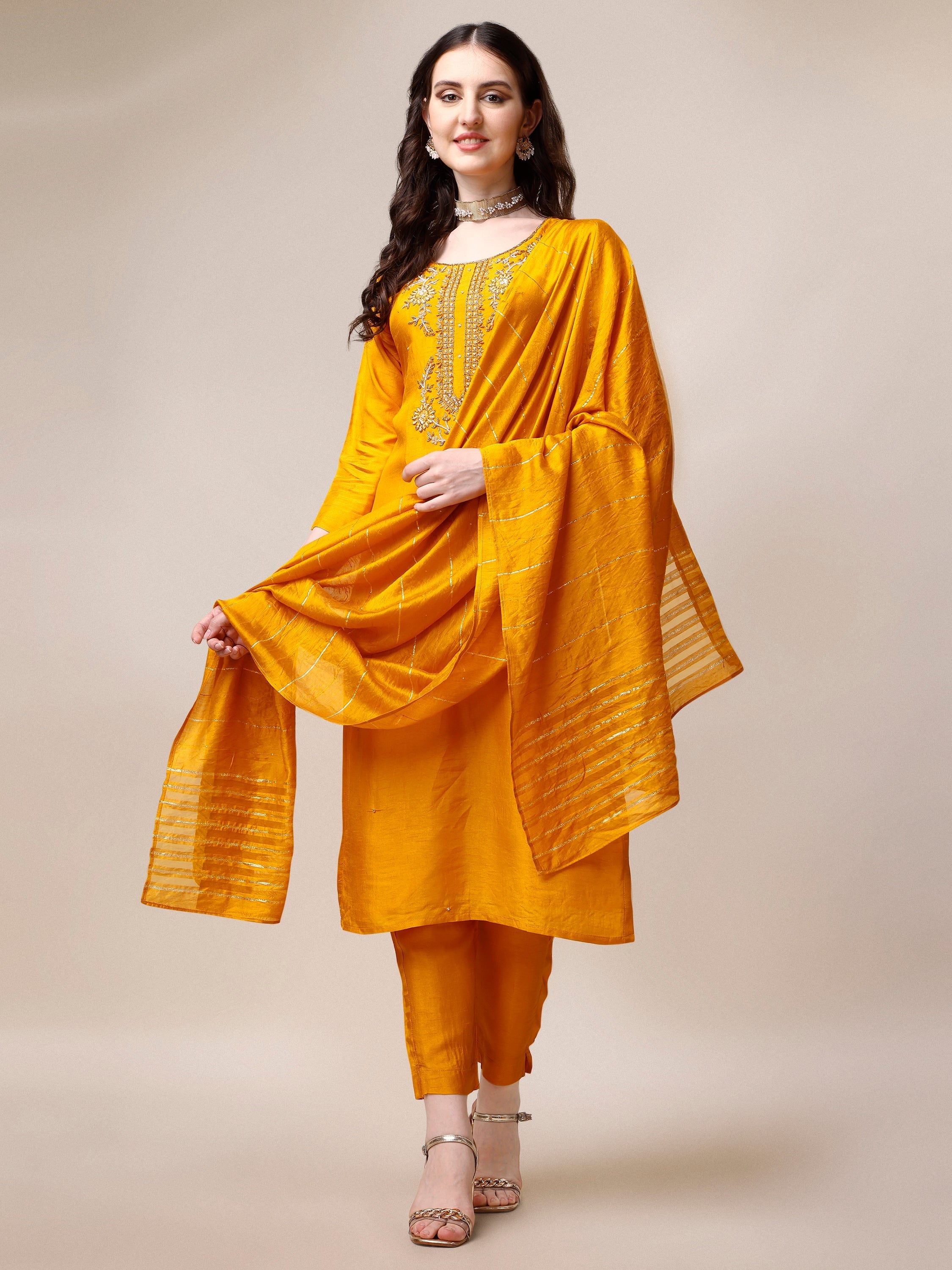 Embroidered Kurta With Pant & Dupatta Set, Multicolor - Hiral Fashion | Grocsy