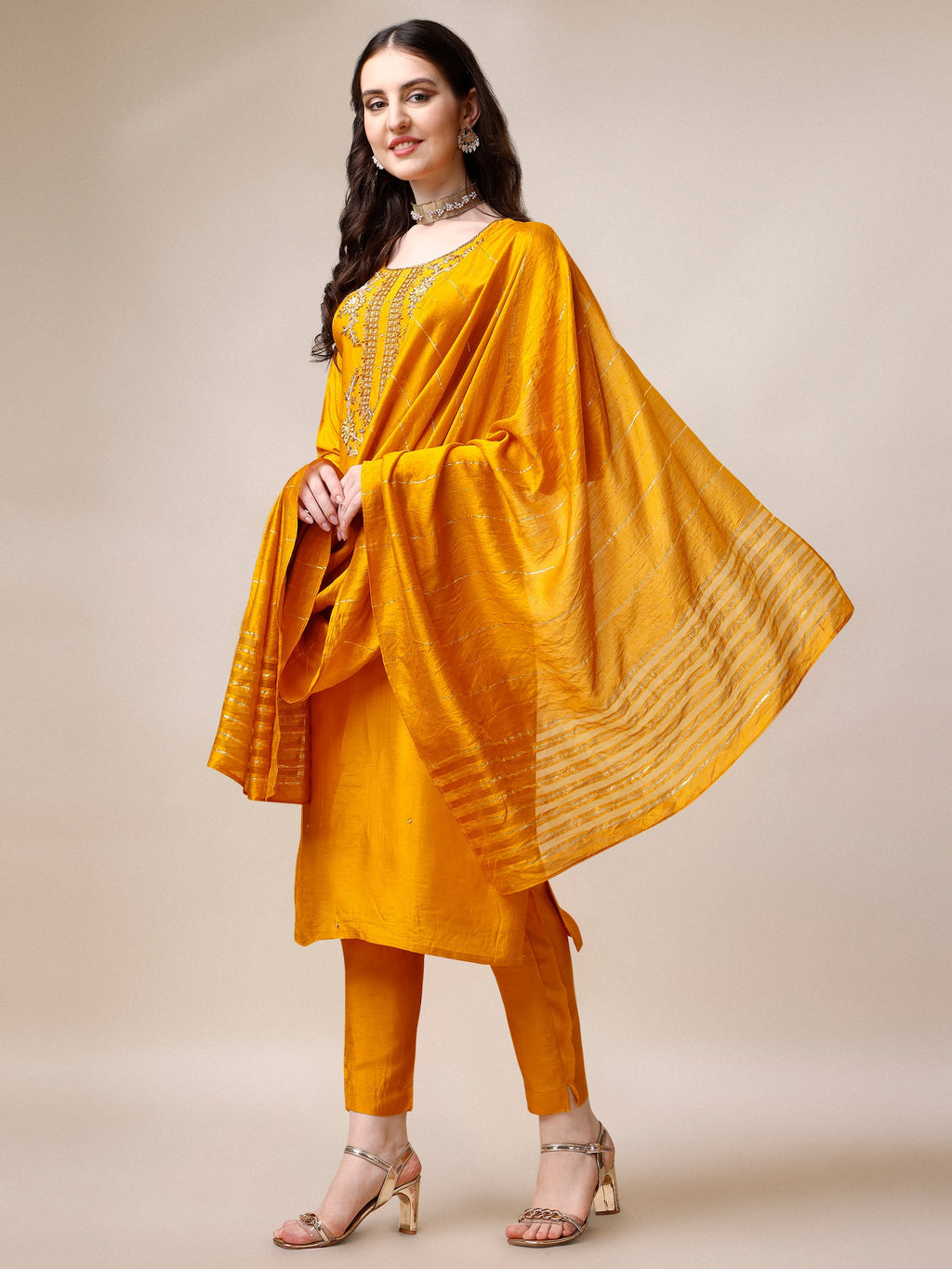 Embroidered Kurta With Pant & Dupatta Set, Multicolor - Hiral Fashion | Grocsy