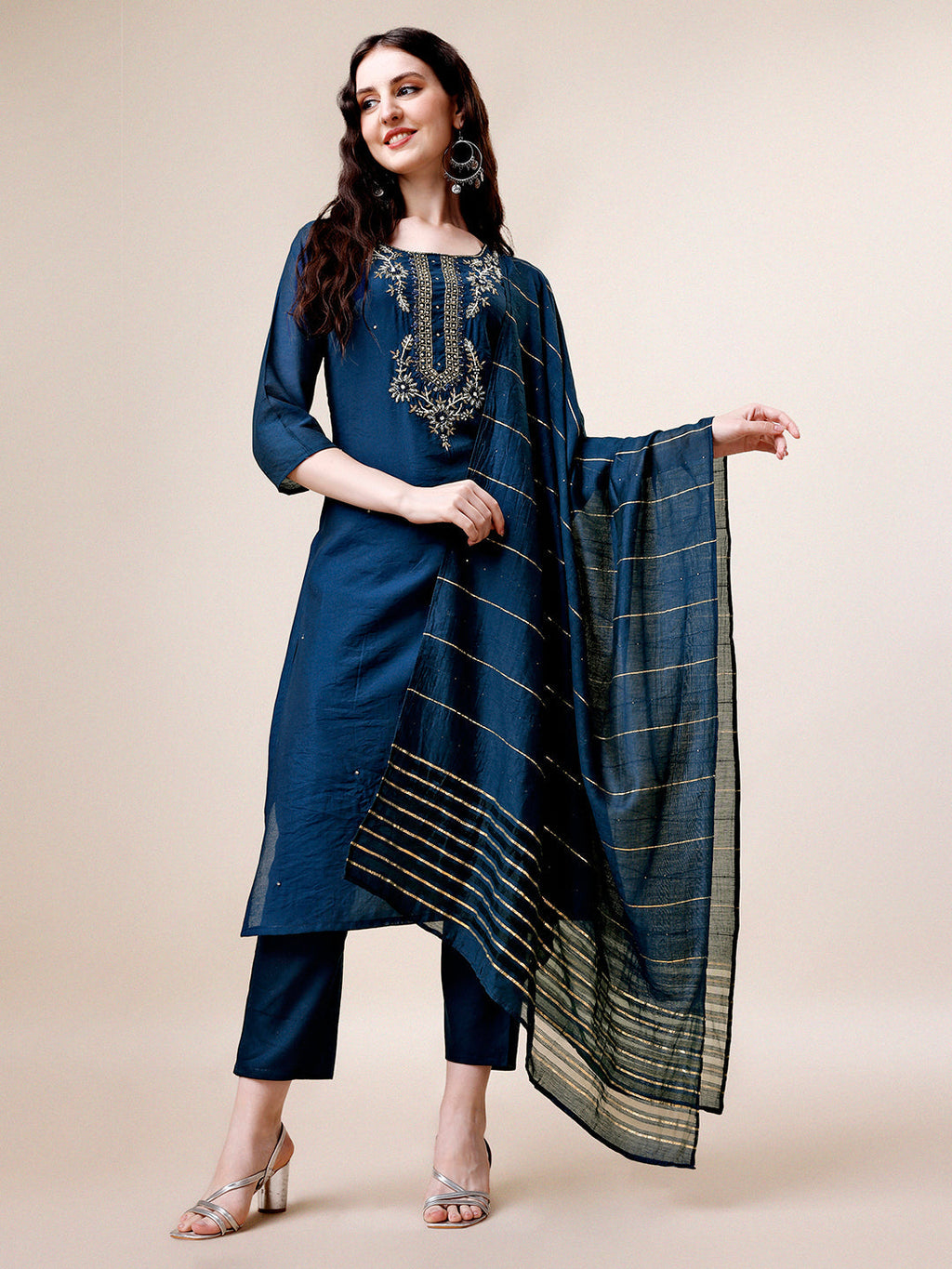 Hand Embroidered Kurta With Pant & Dupatta, Multicolor - Hiral Fashion | Grocsy