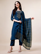 Hand Embroidered Kurta With Pant & Dupatta, Multicolor - Hiral Fashion | Grocsy