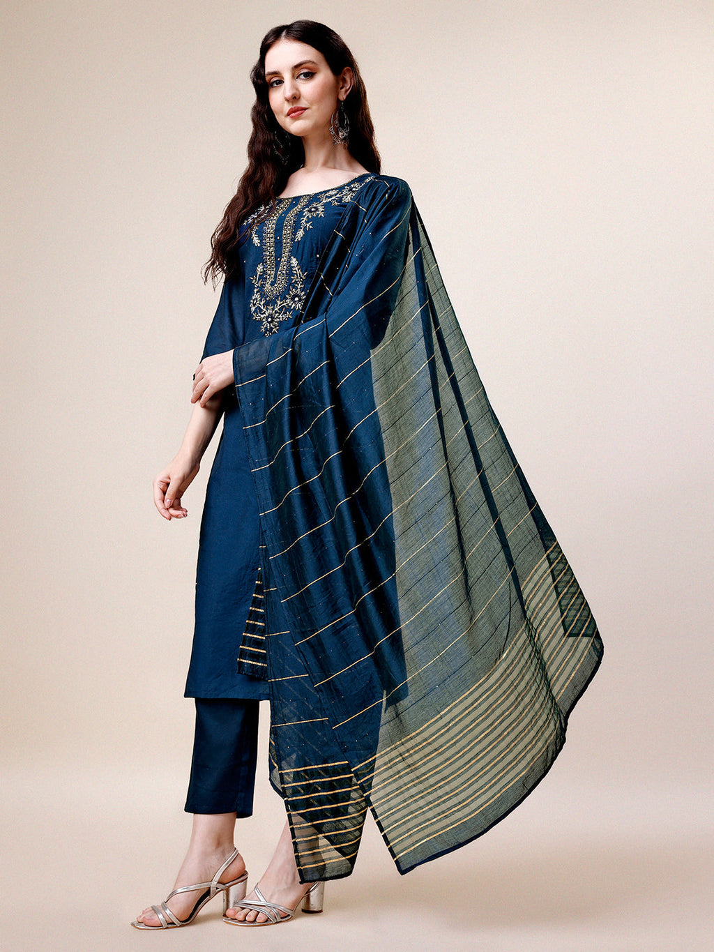 Hand Embroidered Kurta With Pant & Dupatta, Multicolor - Hiral Fashion | Grocsy