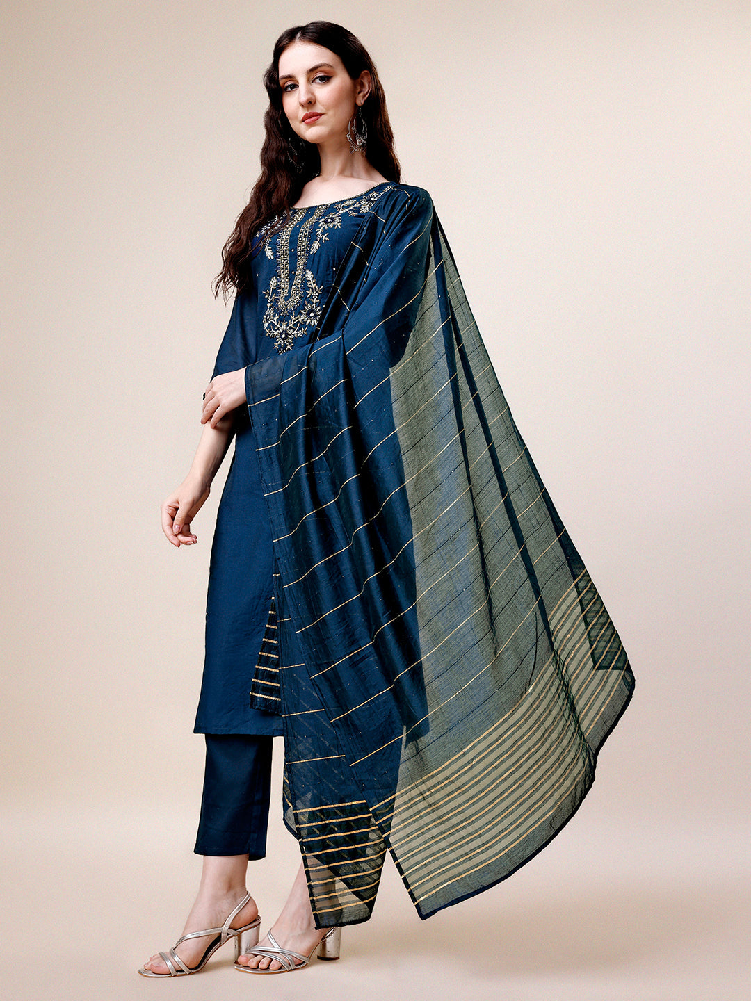 Hand Embroidered Kurta With Pant & Dupatta, Multicolor - Hiral Fashion | Grocsy