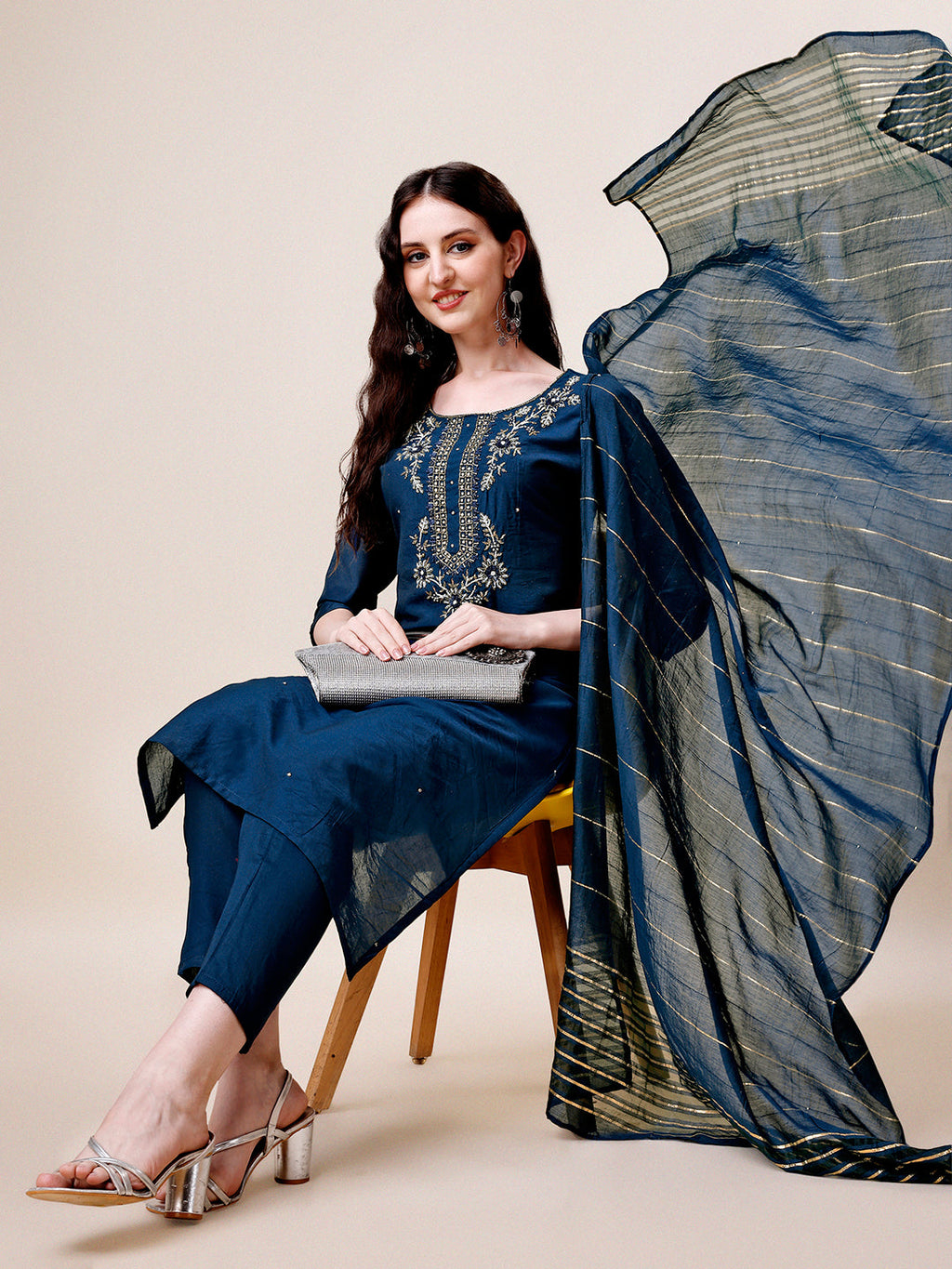 Hand Embroidered Kurta With Pant & Dupatta, Multicolor - Hiral Fashion | Grocsy