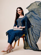 Hand Embroidered Kurta With Pant & Dupatta, Multicolor - Hiral Fashion | Grocsy