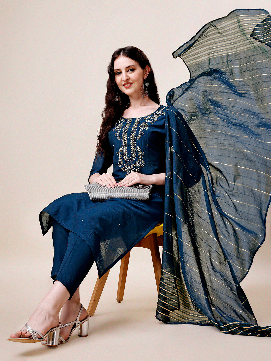 Hand Embroidered Kurta With Pant & Dupatta, Multicolor - Hiral Fashion | Grocsy