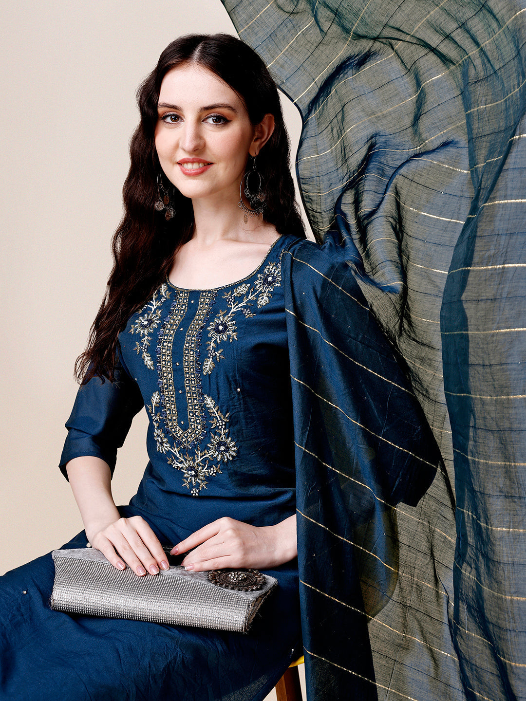 Hand Embroidered Kurta With Pant & Dupatta, Multicolor - Hiral Fashion | Grocsy