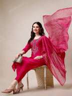 Embroidered Kurta With Pant & Dupatta Set, Multicolor - Hiral Fashion | Grocsy