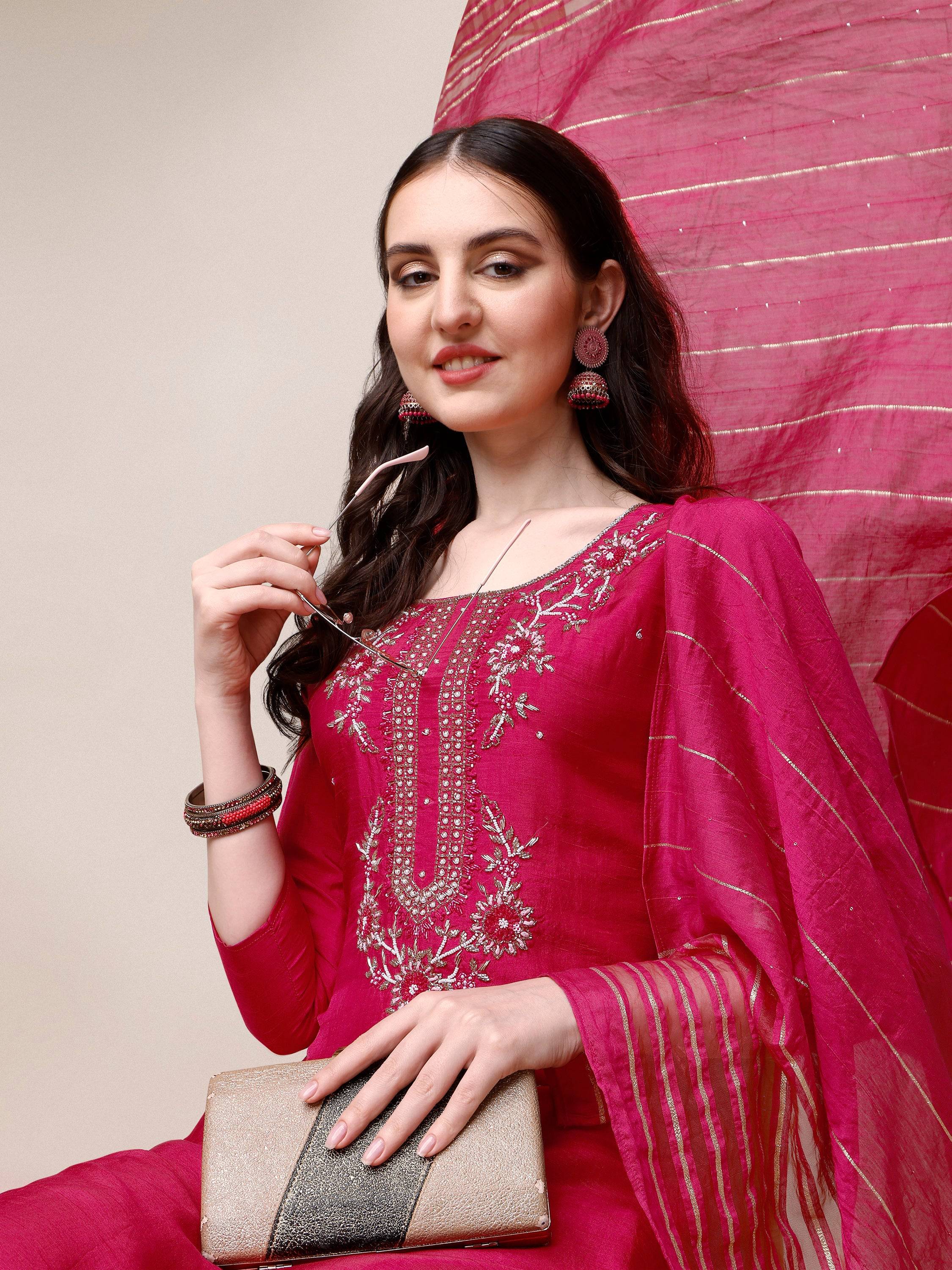 Embroidered Kurta With Pant & Dupatta Set, Multicolor - Hiral Fashion | Grocsy