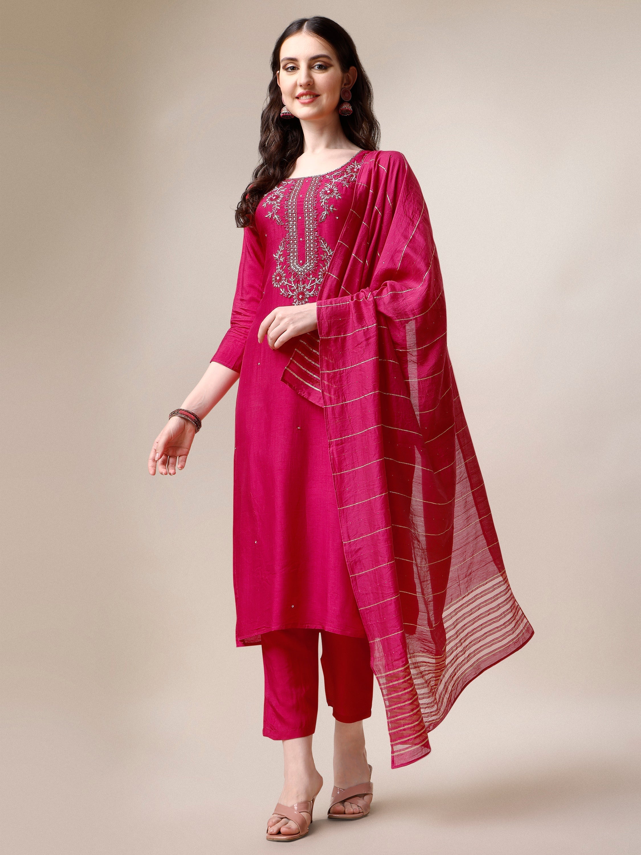 Embroidered Kurta With Pant & Dupatta Set, Multicolor - Hiral Fashion | Grocsy