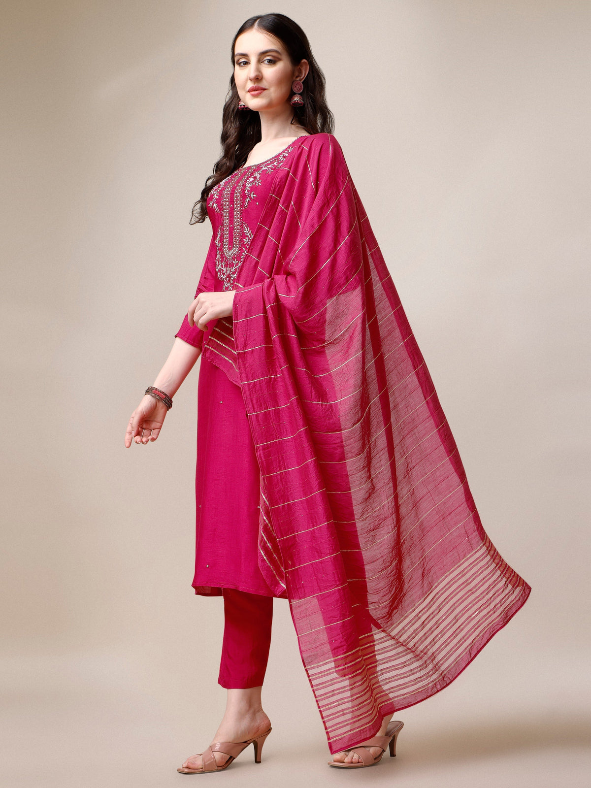 Embroidered Kurta With Pant & Dupatta Set, Multicolor - Hiral Fashion | Grocsy