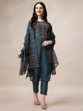 Embroidered Kurta With Pant & Dupatta Set, Multicolor - Hiral Fashion | Grocsy