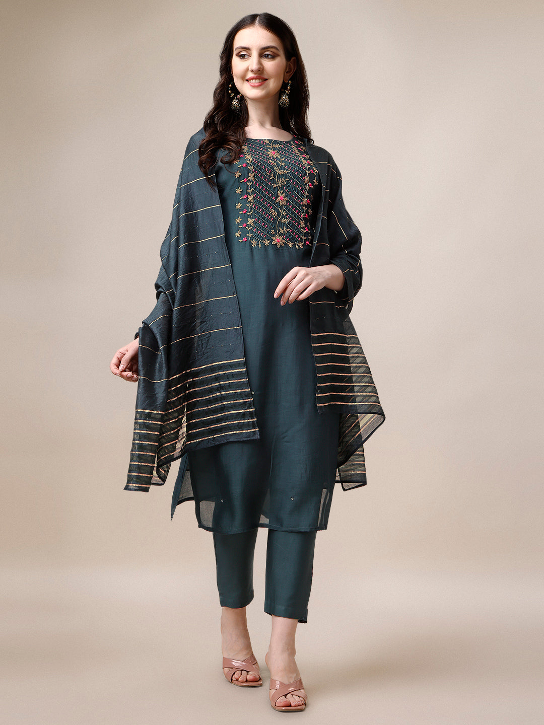 Embroidered Kurta With Pant & Dupatta Set, Multicolor - Hiral Fashion | Grocsy